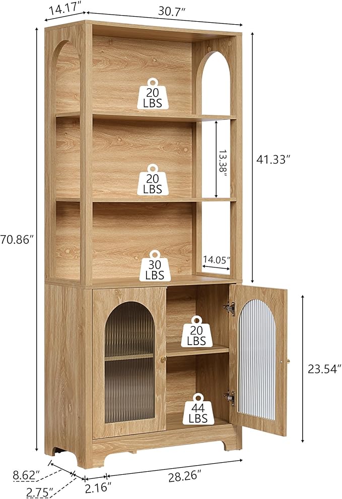 RARZOE Set of 2 Bookshelves and Bookcases, 5-Tier Arched Bookshelf with Glass Doors, Floor Standing 5 Shelf Book case, Wood Display Cabinet Storage Organizer for Living Room, Bedroom, Office(Natural)