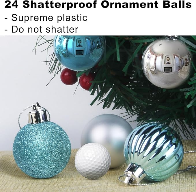 Baby Blue & Silver 2.5" Christmas Balls Christmas Tree Decoration Ornaments Shatterproof Hanging Balls for Birthday Halloween Holiday Wedding Decorations Set of 24pcs