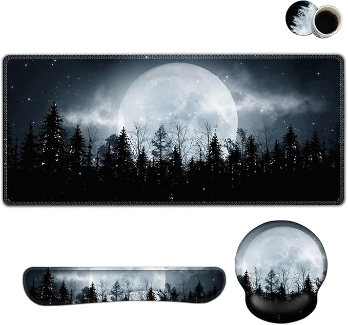 ARTSO Large Mouse Pad Ergonomic Keyboard Wrist Rest Support, Memory Foam Extended Desk Mat Protector, Non-Slip Desk Blotter for Office, Home, Night Moon Forest