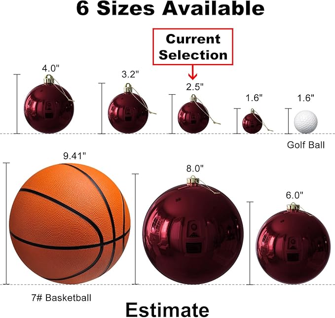 Maroon 2.5" Christmas Balls Christmas Tree Decoration Ornaments Shatterproof Hanging Balls for Birthday Halloween Holiday Wedding Decorations Set of 24pcs
