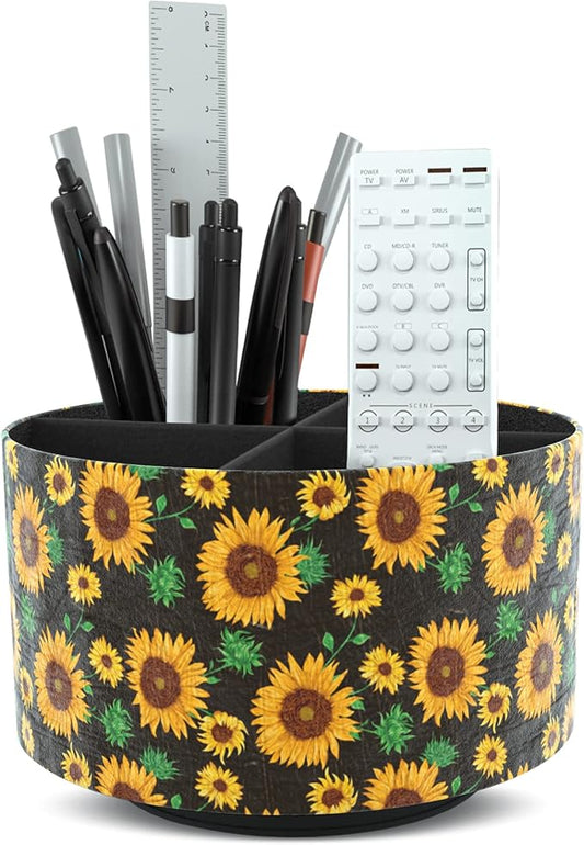 Hennaja Round Leather Art Supply Organizer,Remote Control Holder,360 Degree Rotating,Multi-Functional Pencil Holder,4 Compartments Desktop Stationary Organizer(1-Sunflower)