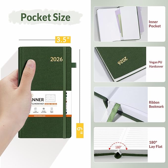 SUNEE 2026 Pocket Weekly Planner for Purse 3.5" x 6" - 12 Month (January 2026 - December 2026), Small Size Planner, Hardcover, Note, Deep Green