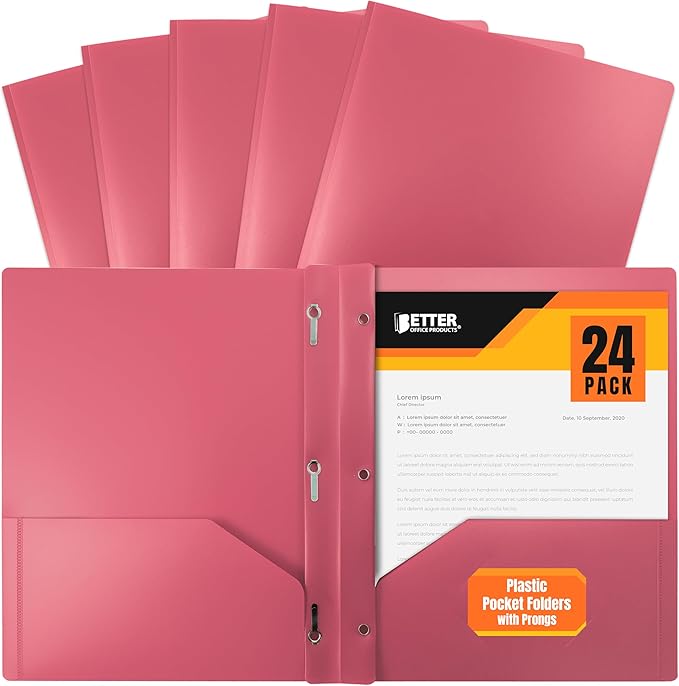Better Office Products Pink Plastic 2 Pocket Folders with Prongs, Heavyweight, Letter Size Poly Folders, 24 Pack, with 3 Metal Prongs Fastener Clips, Pink