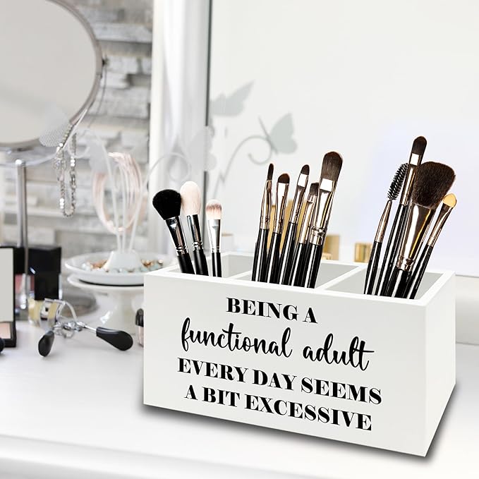 Funny Pen Pencil Holder Organizer for Desk, Sarcastic Gifts for Women Men Coworkers, Adult Humor Gifts, Being a Functional Adult Funny Wooden Box Sign for Home Office Desk Tabletop Decorations