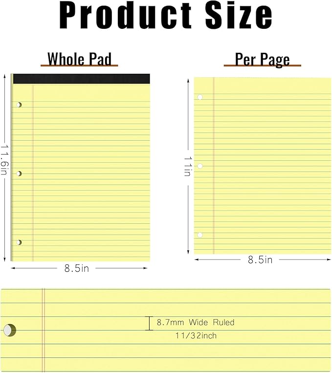 HAUTOCO 8.5 x 11 Legal Pads 6 Pack Yellow Wide Ruled Lined Writing Note Pads Perforated Notepad, 30 Sheets Per Notepad, 3-Hole Punched Paper for School, Office
