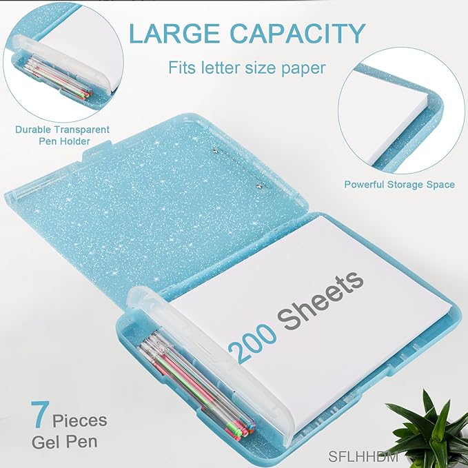 Glitter Clipboard with Storage,Storage Clipboard with Pen Holder,A4 Binder Clip Boards 8.5x11 with Low Profile Clip,Side Opening Sparkle Clipboards, Clipboards Folder for Office Supplies-Aqua Blue