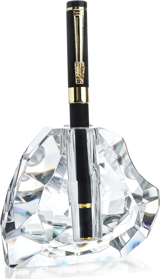 QFkris Crystal Heart Shaped Single Pen Holder for Desk, 3.5" Fancy Fountain Pen Stand, Glass Feather Pencil Holder for Office Desktop Decoration, Gift for Man Woman Students Teachers Father Boyfriend