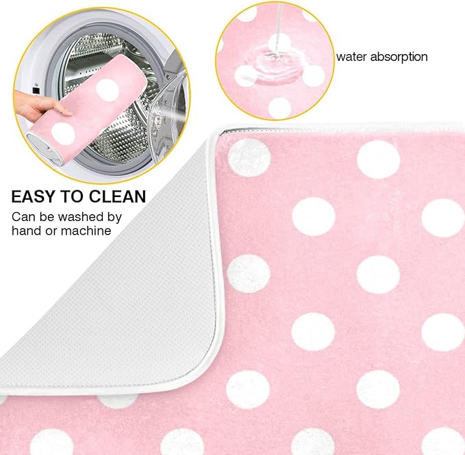 Pink White Polka Dot Dish Drying Mat for Kitchen Counter 16 x 18 Inch Absorbent Microfiber Valentines Dry Dishes Rack Mats Drainer Mat Dish Drying Pad for Countertops Decor