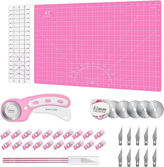 Rotary Cutter Set Pink - Quilting Kit incl. 45mm Fabric Cutter, 5 Replacement Blades, A2 Cutting Mat, Acrylic Quilting Ruler and Sewing Clips, Craft Knife Set, Ideal for Crafting, Sewing, Patchworking