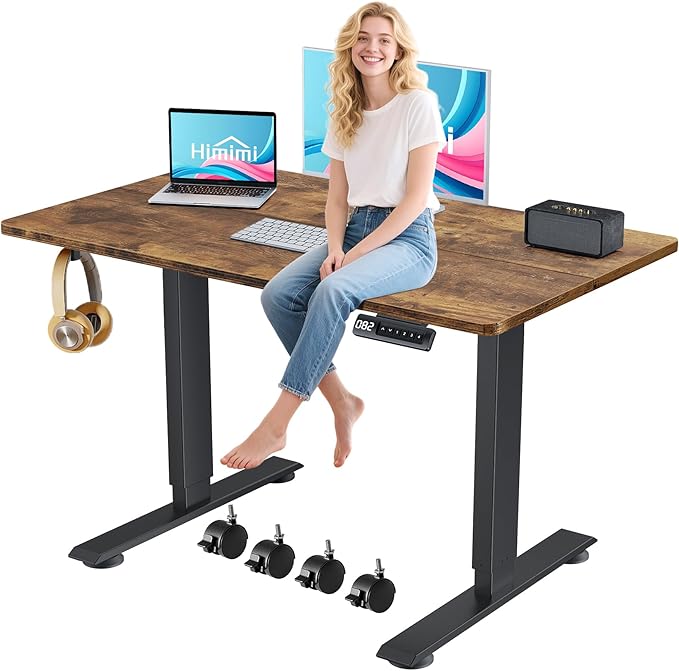 Himimi Electric Standing Desk 48 x 24 inch for Home Office,Sit-Stand Adjustable Desk with Memory Presets,Height Adjustable Desk for Gaming/Working,Free Hook, Lockable Wheels,Brown