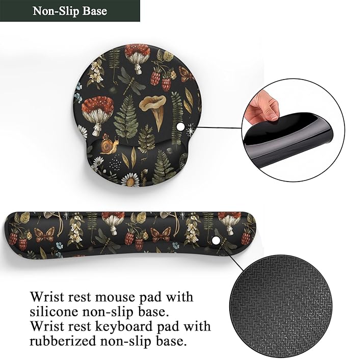 Plant Mushroom Mouse Pad Black Aesthetic Ergonomic Desk Pad Wrist Support Keyboard Wrist Rest Set, Mouse Pad with Non-Slip Pu for Office Comfortable Mouse Wrist Rest for Easy Typing & Pain Relief.