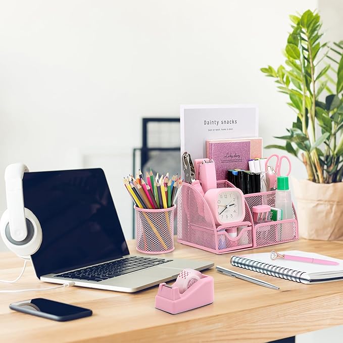SYMDROMIA 13-in-1 Office Desk Organizer Set with Stapler and Tape Dispenser, Pen Holder, Scissors, Ruler, Hole Punch, 2 Pens & More Desktop Accessories for Back to School Supplies (Pink)