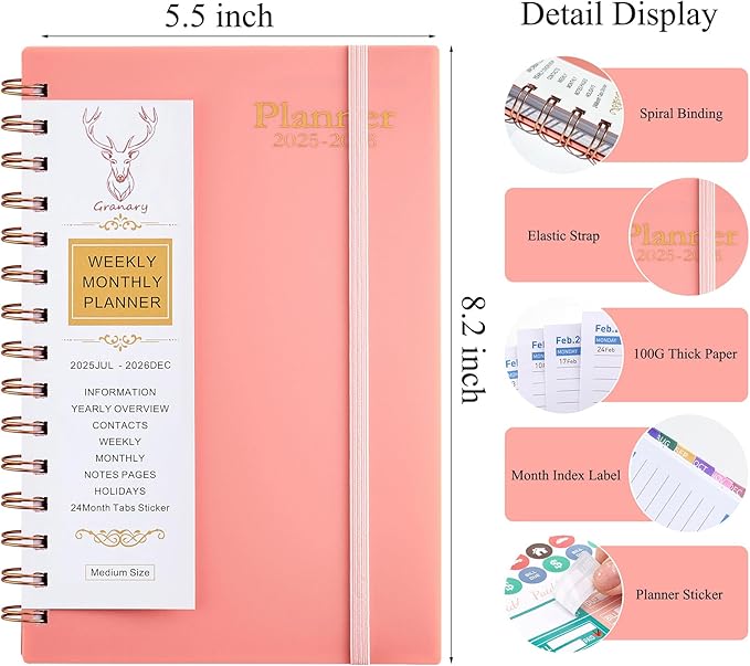 Daily Planner 2025-2026, Weekly and Monthly Planner 2025-2026 Academic Year, July 2025-December 2026 Calender Planner, 8.2"×5.5", 18 Months (JUL.2025-DEC.2026 Pink)