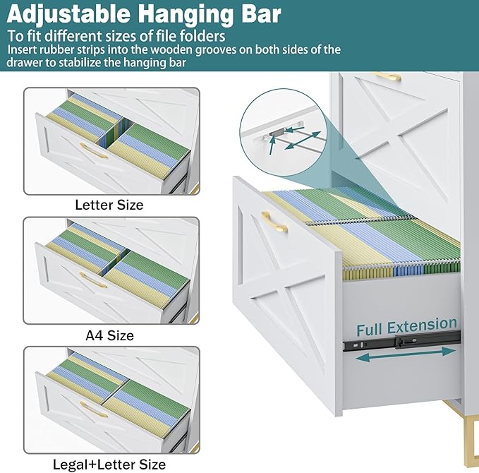 Lateral File Cabinet 2 Drawer File Cabinet with Charging Station for Legal/Letter/A4 Size Hanging Files, Modern Farmhouse Large Wood File Storage Cabinet for Home Office Furniture(White and Gold)
