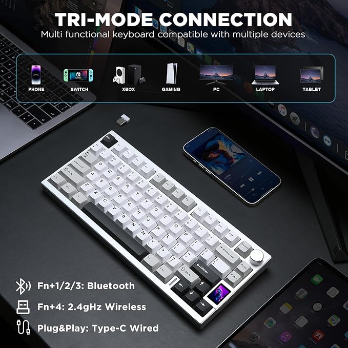 YUNZII AL80 Wireless Mechanical Keyboard,Full Aluminum CNC, Smart LCD Display,Hot Swappable Gasket Mount 75% Layout with Knob,BT/2.4G/USB-C,QMK/VIA Support for Win/Mac (Silver, Cocoa Cream V2 Switch)