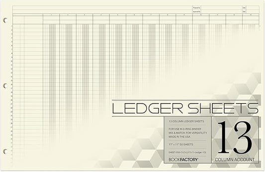 BookFactory Ledger Sheets/Large 13 Column Accounting Ledger Columnar (Thirteen Columns) Loose Leaf Paper - 17'' x 11'', 50 Pages, Loose Leaf, 3 Hole Punched (SHEET-050-CLCLL(17x11-Ledger-13)-AX)
