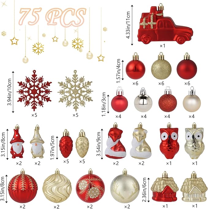 Red and Gold Christmas Ornaments Set, 75PCS Shatterproof Christmas Ornaments, Assorted Xmas Tree Hanging Ornaments for Christmas Trees, Holiday, Thanksgiving Party Decor(Red & Gold)