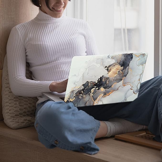 KEROM Compatible with MacBook Air 13 inch Case 2021 2021 2020 2019 2018 Release M1 A2337 A2179 A1932, Protective Plastic Hard Shell Case & Keyboard Cover, Has Logo Cutout, Blue Gold Marble