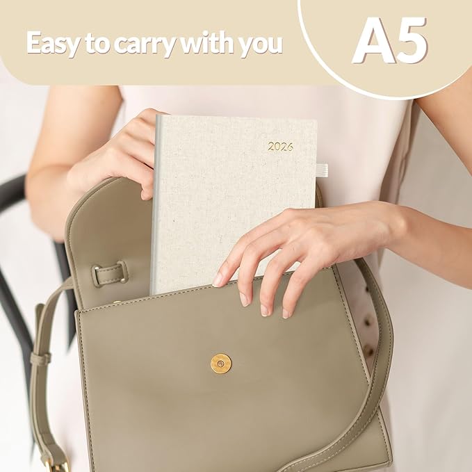 SUNEE 2026 Weekly & Monthly Hardcover Planner 5.5" x 8.3" - 12 Month (January 2026 - December 2026), Small Hardcover Planner, Pocket, Notes, 100 GSM Paper, Beige