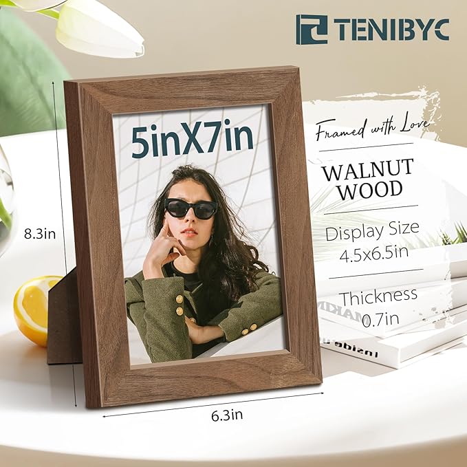 5x7 Picture Frame 3 Pack with HD Glass - Brown Walnut, Natural Wood Photo Frame, Table Decoration