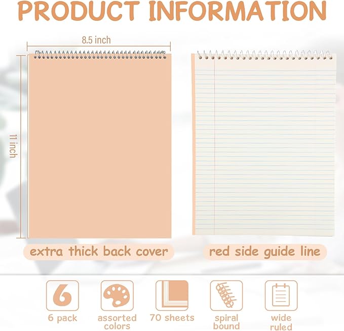 Maitys 6 Pack 8.5 x 11'' Top Bound Office Steno Book Wide Ruled Double Sided Spiral Steno Books Reliable White Paper 70 Sheets/Pad Pastel Colors Covers for Writing Notes College(Cute Color)