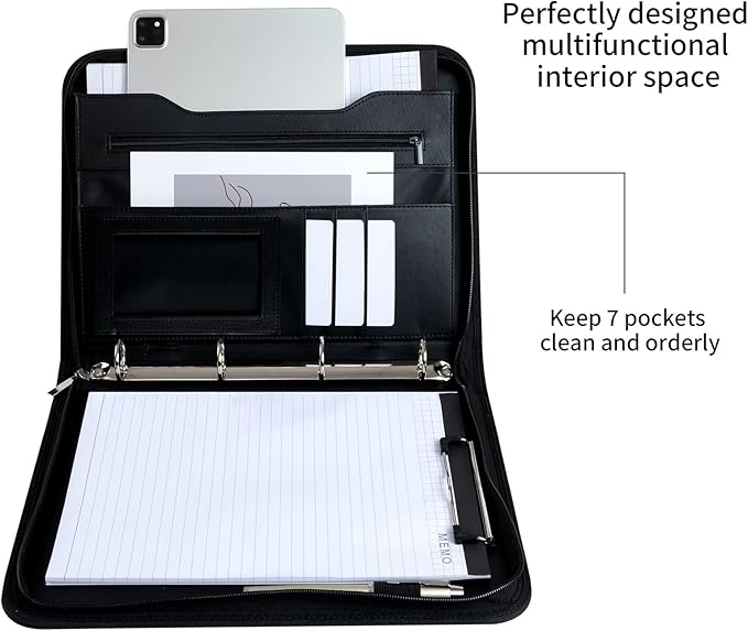 3-Ring Portfolio Binder, Zipper Folder with Writing Pad,PU Leather with Pockets,Professional Organizer with Laptop Sleeve and Folder (Black)