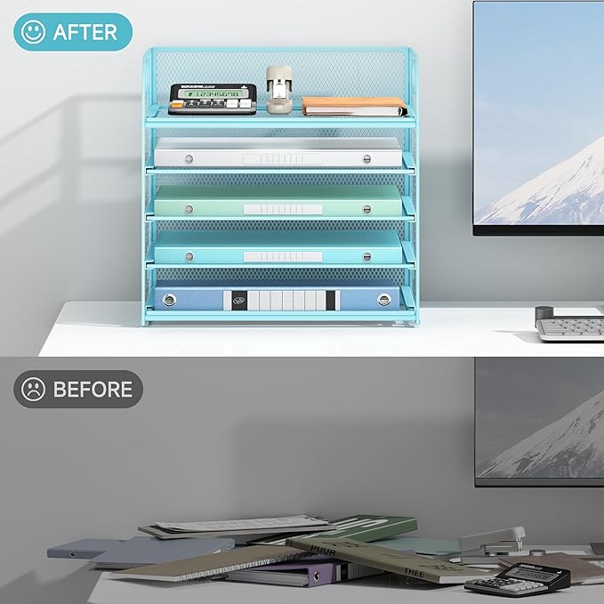 Lavatino Desk Letter Tray Paper Organizer for Desk 5-Tier with Handle Mesh Desktop File Organizer Paper Holder for Classroom Office Accessories - Blue