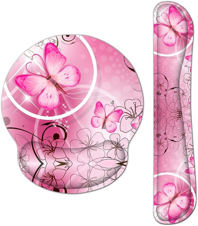 RICHEN Keyboard Wrist Rest and Mouse Pad with Wrist Support, Memory Foam Set for Gaming and Office, Comfortable & Lightweight for Easy Typing & Pain Relief (Pink Butterfly)