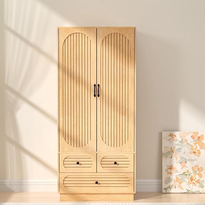 Wood Armoire Wardrobe Closet with Doors, Fluted Wardrobe Cabinet with 3 Drawers, Large Armoire Closet, Tall Clothing Storage Cabinet with Hanging Rod and Shelves, for Bedroom, Laundry, Natural