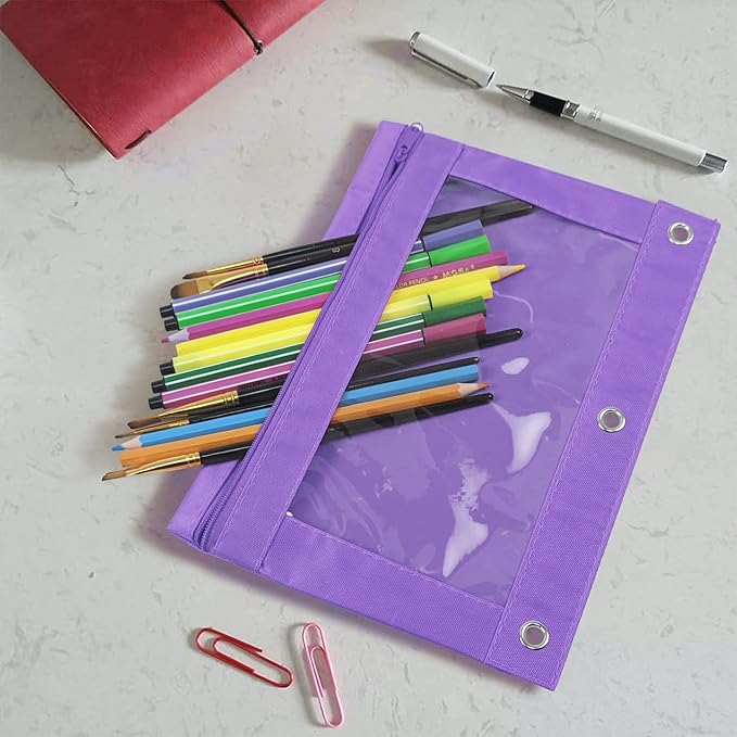 YoeeJob Pencil Pouch for 3 Ring Binder，Zipper Pencil Pouches Bulk，Pencil Case Pouch with Clear Window for Class, School, Office, Purple，24 Packs