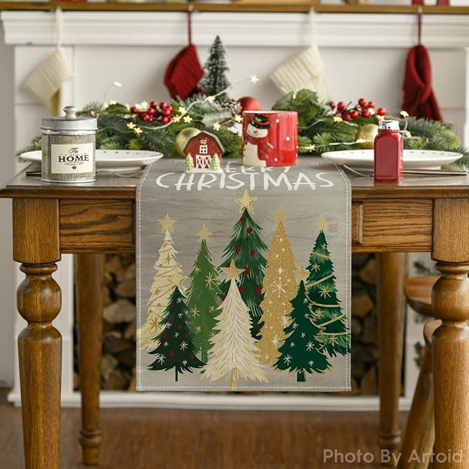 Artoid Mode Xmas Trees Snowflakes Gray Merry Christmas Table Runner, Winter Seasonal Kitchen Dining Table Decoration for Home Party Decor 13x72 Inch