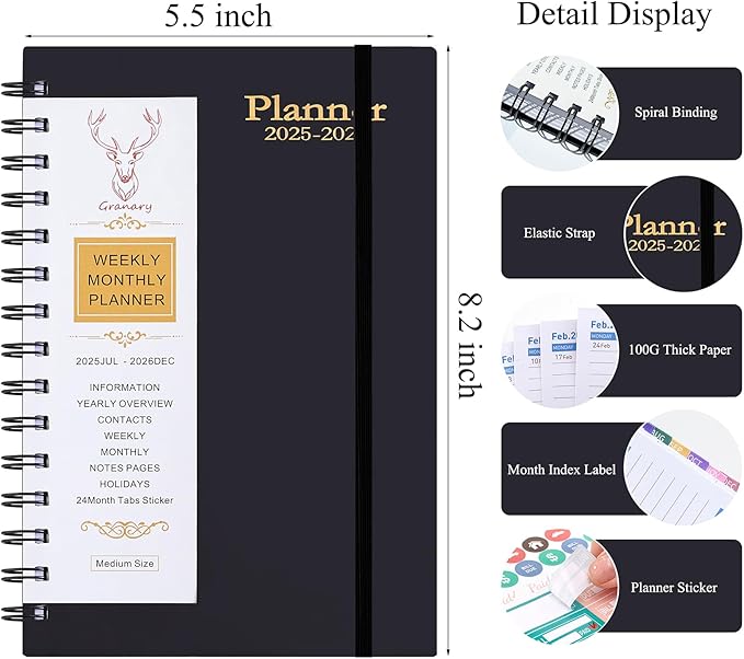Daily Planner 2025-2026, Weekly and Monthly Planner 2025-2026 Academic Year, July 2025-December 2026 Calender Planner, 8.2"×5.5", 18 Months (JUL.2025-DEC.2026 Black)