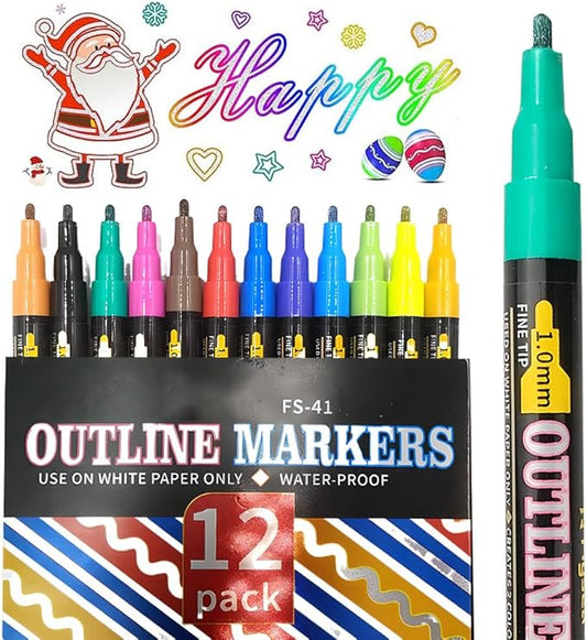 Marker Pen for Highlight, 2026 New Double Line Outline Markers, Metallic Shimmer Glitter Pens Set, Art Supplies for Christmas Greeting Cards, Scrapbook Crafts, Doodling, DIY Art Crafts (12 Colors)