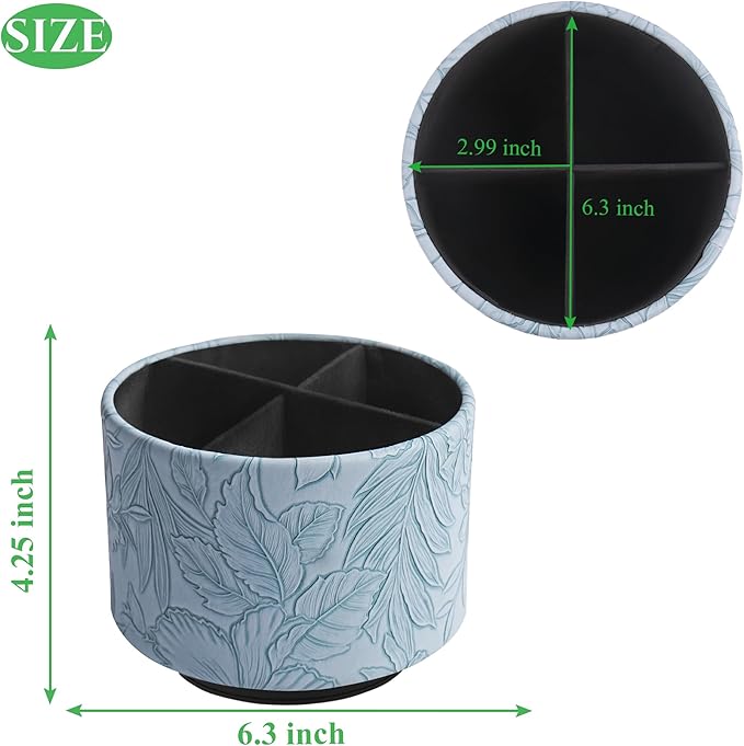 Hennaja Round Leather Art Supply Organizer,Remote Control Holder,360 Degree Spinning,Multi-Functional Pencil Holder,4 Compartments Desktop Stationary Organizer(1-Carved Light Blue)