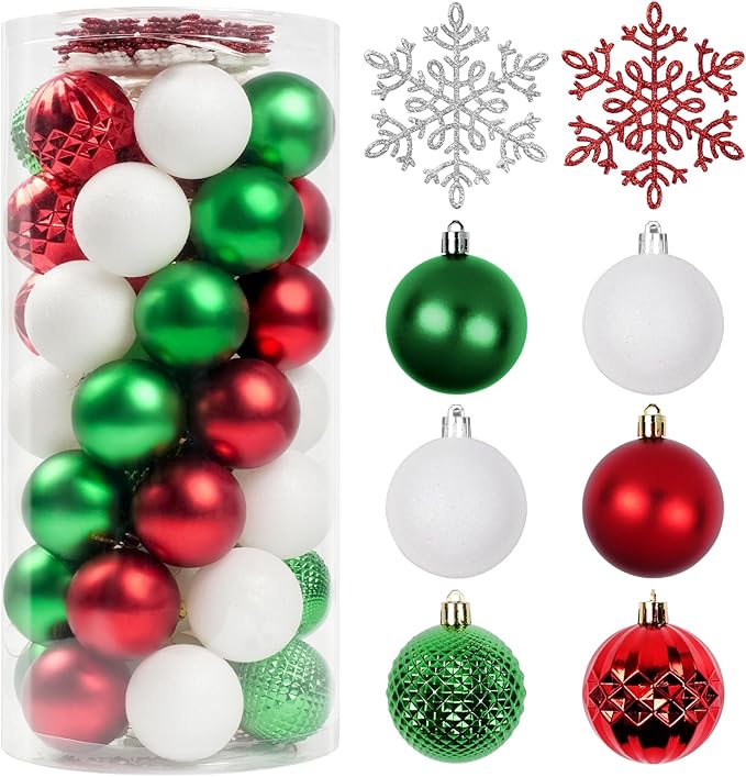 Christmas Tree Decorations Ornament Set, 60ct 2.36 Inches Red Green and White Shatterproof Christmas Ball Ornaments, Hanging Ball for Xmas Holiday Wedding Party Decor