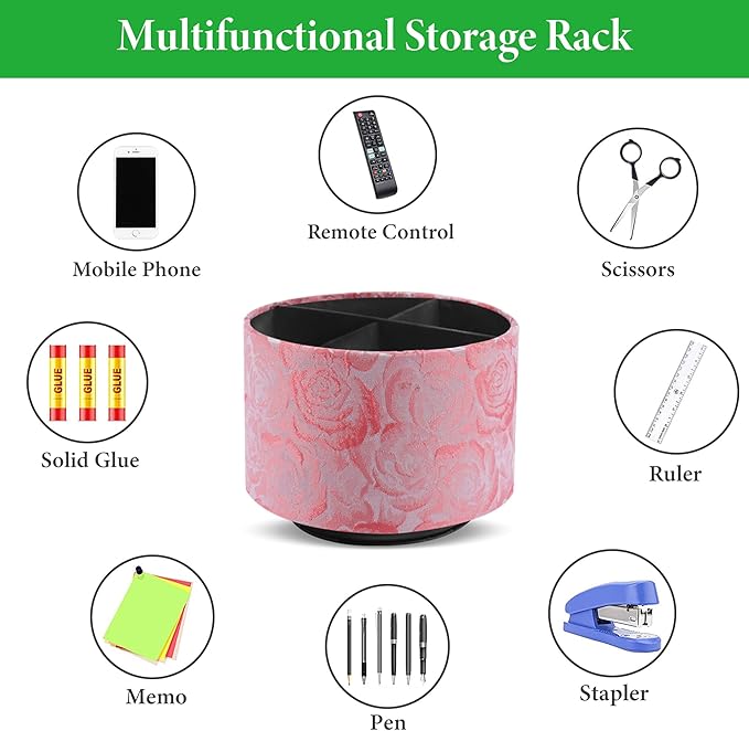 QIELIZI Round Leather Art Supply Organizer,Remote Control Holder,360 Degree Rotating,Multi-Functional Pencil Holder,4 Compartments Desktop Stationary Organizer(1-3D Rose Pink)