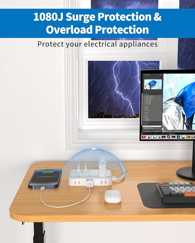 10 ft Flat Extension Cord, Flat Plug Surge Protector Power Strip with 6 Outlets 4 USB Ports, Wall Mounted Outlet Extender, Overload Protection for Indoor, Home, Office Supplies, Dorm Room Essentials