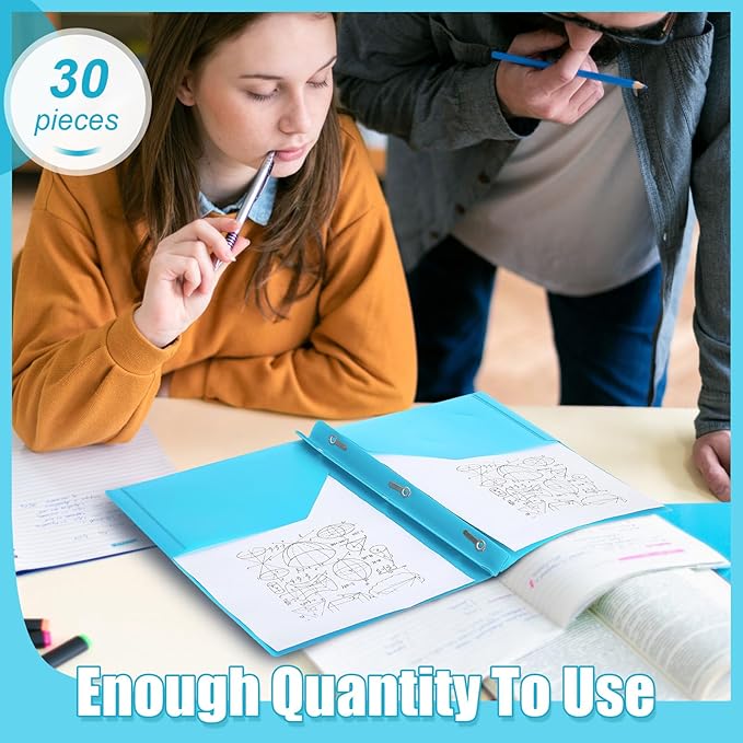 Yeaqee 30 Pcs Plastic Folders with Pockets and Prong Plastic Folders with 2 Pockets Pocket for Office, School for Students, Teachers, Office Workers (Light Blue)