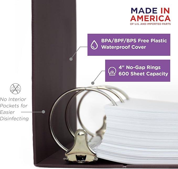 Carstens 4-Inch Heavy Duty 3-Ring Binder - Side Opening, Plum, Durable Plastic, No-Gap Rings, Waterproof Cover, No Pockets, Holds 600 Letter Sheets, BPA-Free Made in USA (1841-3R), Case of 10