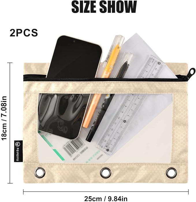 Gredecor Binder Pencil Pouch 3 Ring Bisque Zipper Pencil Pouches Case 2 Pack Clear Binder Organizer for School Office