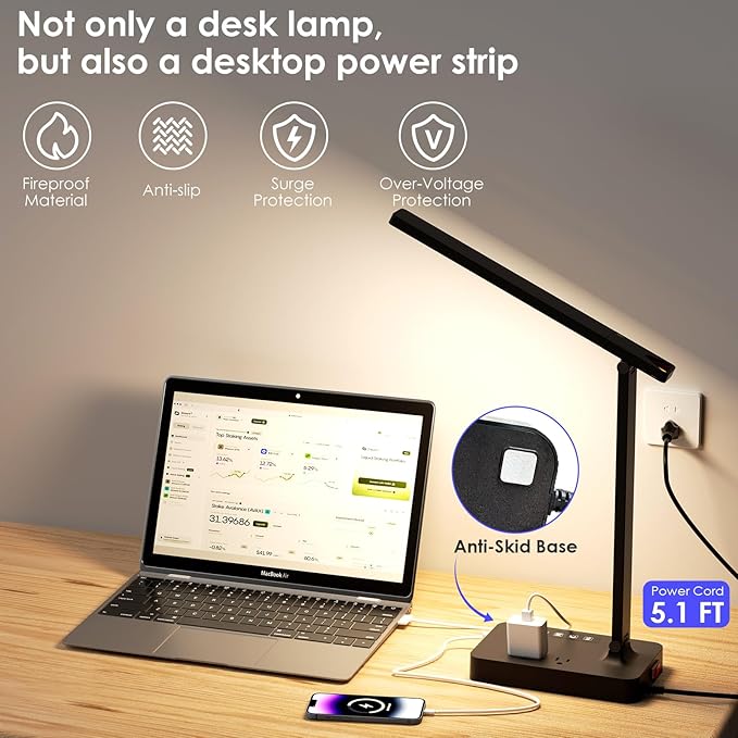 Infiway Desk Lamp with USB Charging Port: LED Desk Lamps for Home Office - 1 USB-A, 1 Type-C Charging Port, 2 AC Power Outlets, Touch Control Dimmable 5 Color 5 Brightness, Night Light(Black)