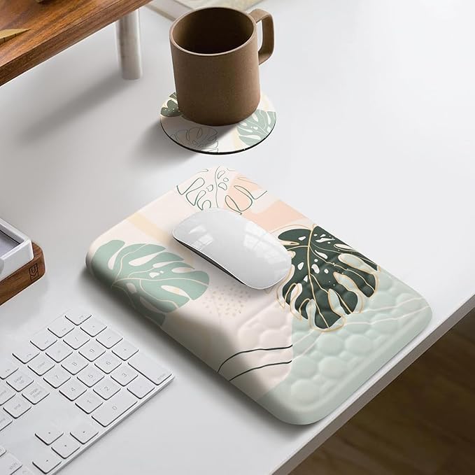 Ospelelf Mousepad with Wrist Support Ergonomic Office Gaming Memory Foam Mouse Pad Wrist Rest Cute Green Palm Leaves Hawaii Theme