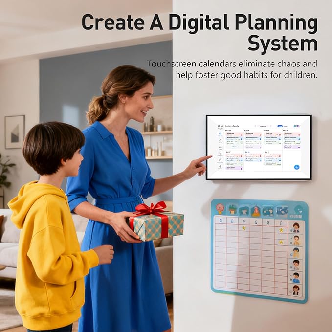 15.6" Smart Digital Calendar Frame– Touchscreen Family Calendar with Electronic Chore Chart & Digital To-Do List, Electronic Planner for Home with WiFi Sync, Desktop &Wall Smart Calendars | Black