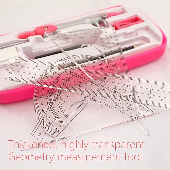 Geometry Compass Set Drafting Tools for School Students Geometry Compass Kit with Protractor, Set Squares, and Ruler Organized in a Plastic Case for Math Sarter and Homework – Stylish Pink