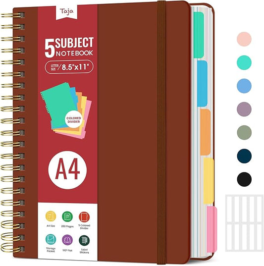 Hardcover Spiral Journal Notebooks for Work With Removable Dividers & Tabs, 8.5"x11" 5 Subject Notebook for Note Taking & Organizer, A4 College Ruled Lined Journal for Women & Writing, Rust Brown, 280 Pages