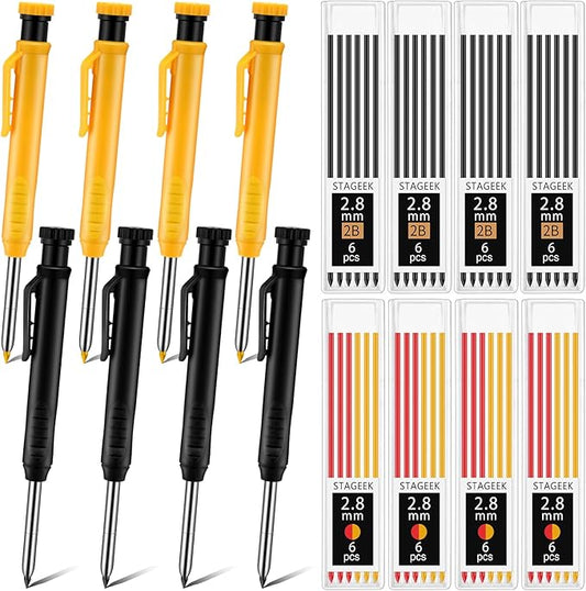 8 pack 2.8mm Mechanical Carpenter Pencils with 48 Refills, Construction Pencils with Built-in Sharpener, Long Nib Deep Hole Marker, Heavy Duty Woodworking Tools (Black+yellow)
