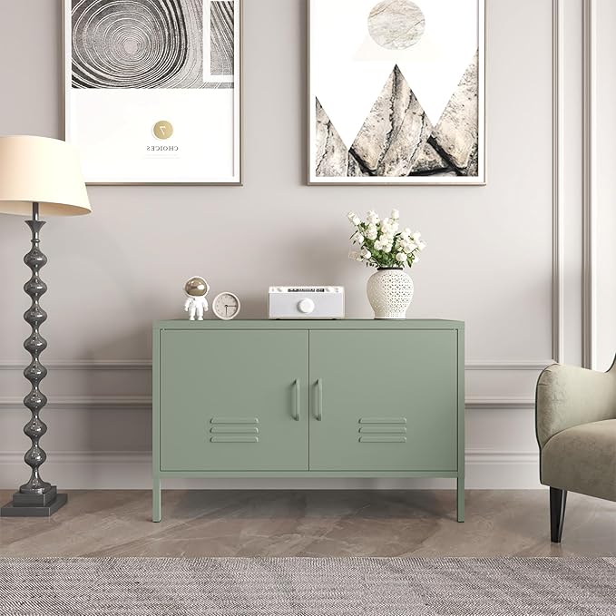 Metal Storage Cabinet,Short TV Cabinet with Storage,Modern TV Stands for Bedroom,Classroom,Green