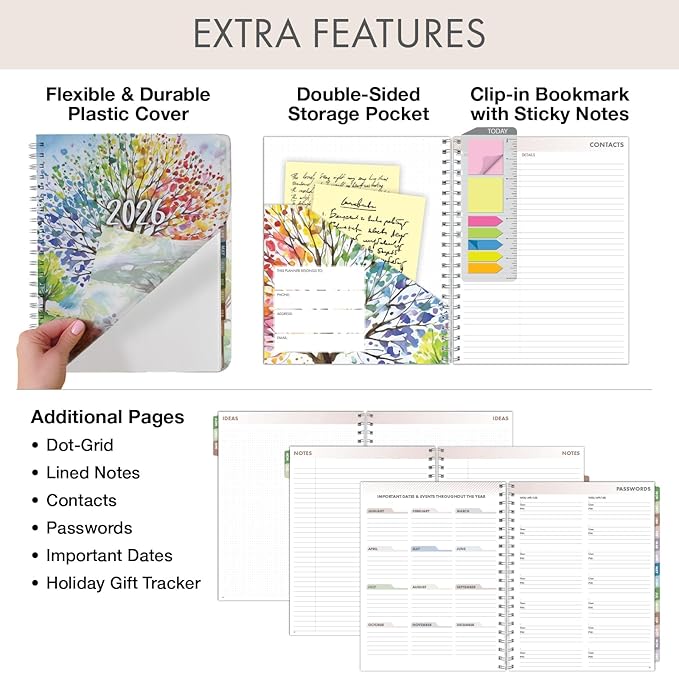 Essential PRO 2026 Daily, Weekly & Monthly Planner, 8.5"x11": 14 Months (Nov 2025 - Dec 2026) Monthly Tabs,Daily Tracking,Notes Pages,Storage Pocket,Bookmark w Sticky Notes (Tree Seasons)