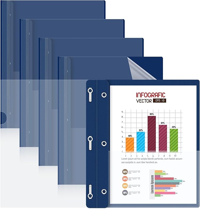 HAUTOCO 5 Pack Plastic Report Covers with 3 Prongs Fasteners Clear Front Resume Portfolio Folder for 8.5x11 Letter Size Paper, Presentation Document Report Cover for School Office Business, Navy Blue