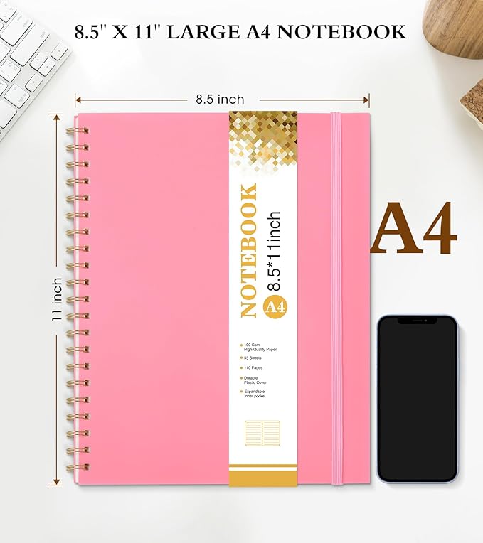 Spiral Notebook Journal 8.5” x 11”, A4 Large Pink Notebooks for Women Men, College Ruled Lined Journal, 100 GSM Paper, Plastic Hardcover Spiral Bound Journals for Work School Note Taking Business